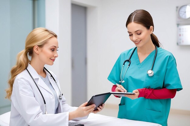 Foto medicina, assistenza sanitaria e concetto di persone dottore donna con tablet pc che parla con la paziente in ospedale