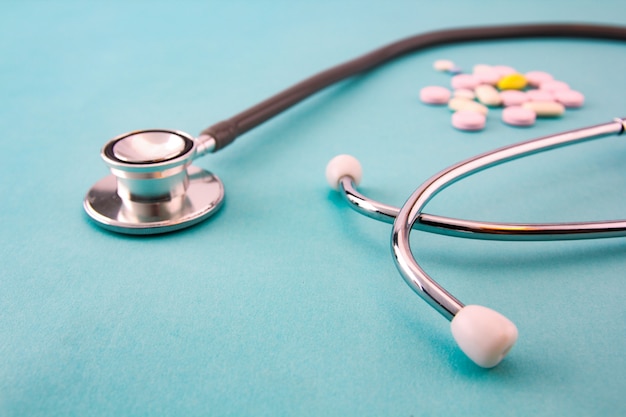 Medicine and medical devices  on a blue background.