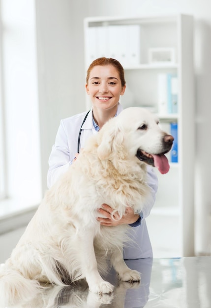 medicine, pet, animals, health care and people concept - happy veterinarian or doctor with golden retriever dog at vet clinic