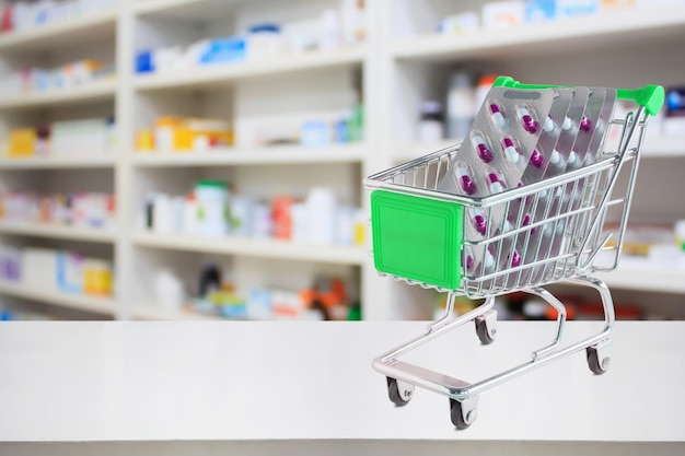 Medicine pills blister in shopping cart on pharmacy store counter blur drugstore shelves background