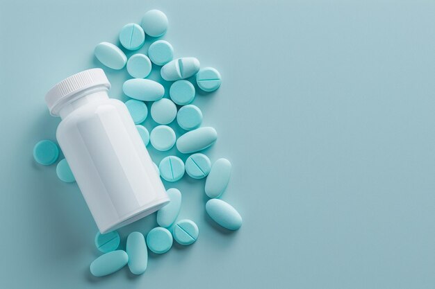 青い背景にプラスチック製の薬瓶から薬がこぼれた 創意的なコンセプトの平らな薬