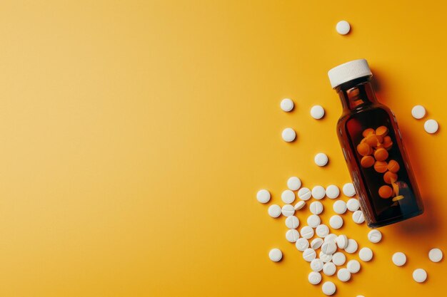 Medicine pills spilled from plastic pill bottle on orange background medicine creative concepts flat