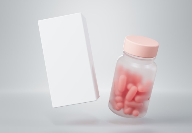 Medicine plastic jar with pink capsules and white box floating on gray background 3D render mockup