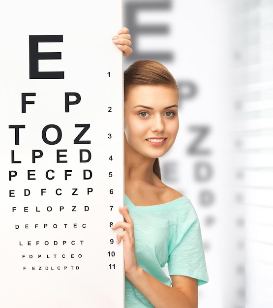 medicine and vision concept - woman in eyeglasses with eye chart