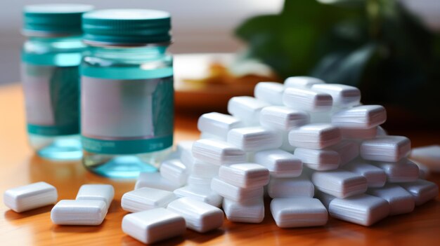 Photo medicine with bottles on the table healthcare medical and pharmacy concept pharmaceutics drugs