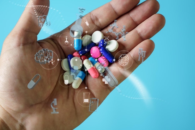Медицина с красочными таблетками Здравоохранение Медицинское страхование Медицинский бизнес и технологическая концепция