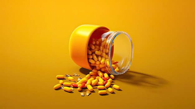 Желтая бутылка с лекарством с пролитой таблеткой, изображающая риски зависимости Сгенерировано AI