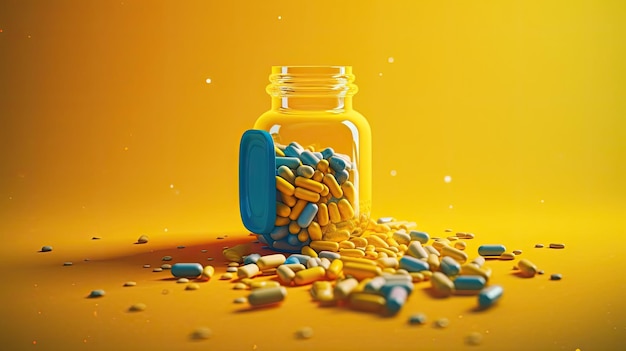 Medicine yellow bottle with pill spilling depicting addiction risks ai generated