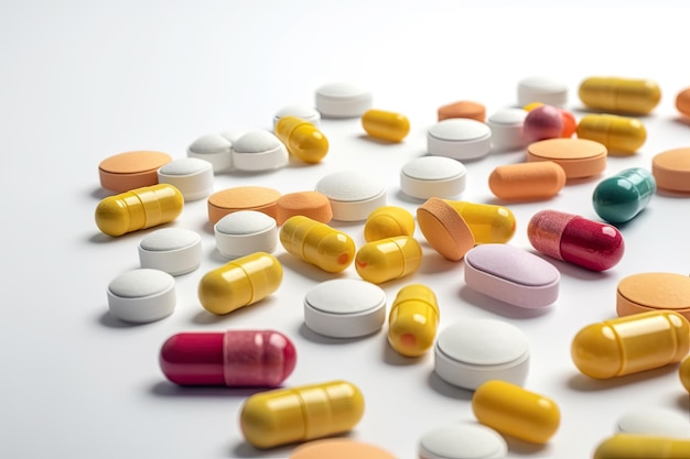 Фото Лекарства таблетки и капсулы на белом фоне генеративный ai