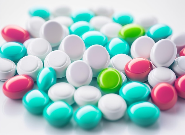 medicines various tablets and capsules on a white background with container in blur on behind