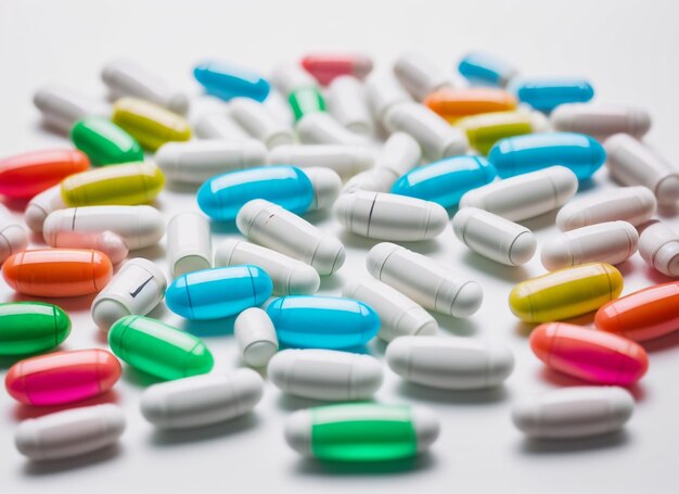 medicines various tablets and capsules on a white background with container in blur on behind