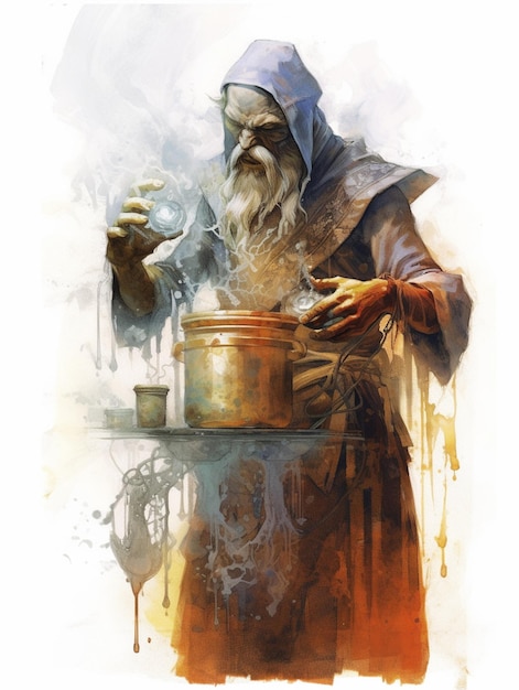 medieval alchemist creating potions Ink drawing digital illustration