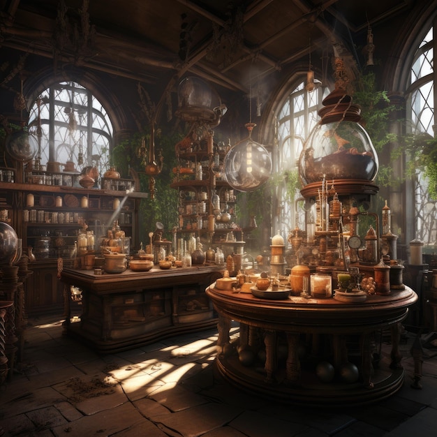 Medieval alchemist's laboratory filled with bubbling potions and mystical artifacts