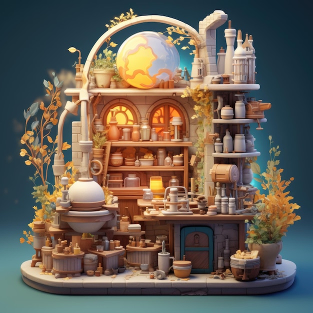 Medieval Alchemists Laboratory 3d illustration