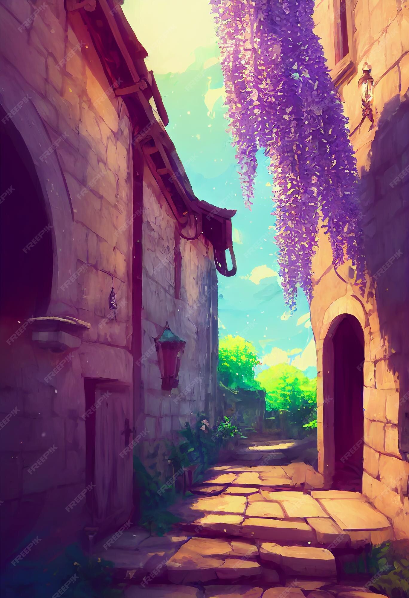 Premium Photo | Medieval alleyway wisteria cozy summer anime background  animation