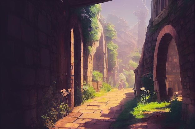 Medieval alleyway wisteria cozy summer anime background\
animation