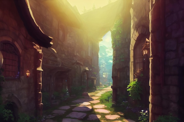 Medieval alleyway wisteria cozy summer anime background\
animation