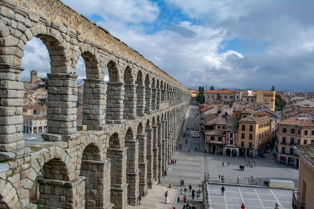 Medieval aqueduct in on the city square of Segovia in Spain