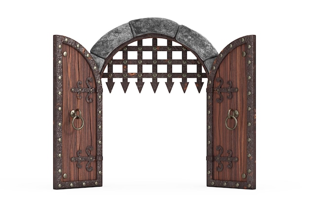 Medieval Arch Stone Blocks Castle Gate with Metal Lattice 3d Rendering