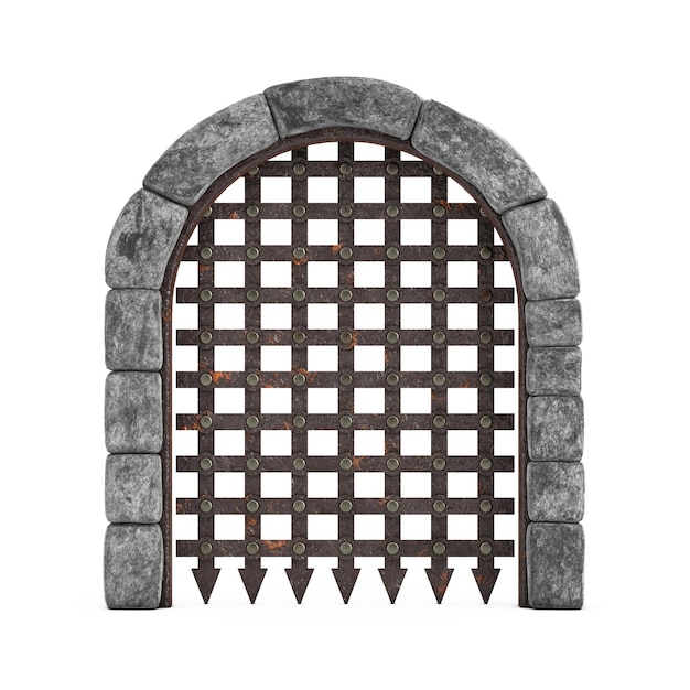 Photo medieval arch stone blocks castle gate with metal lattice 3d rendering