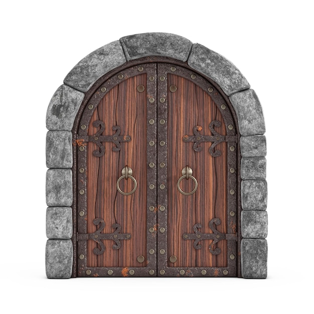 Средневековая арка Деревянные закрытые ворота замка 3d визуализация