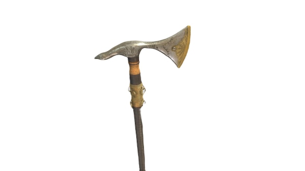 A medieval axe with a gold ring around the handle.
