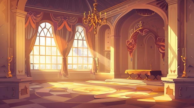 사진 창문과 함께 춤과 식사를위한 궁전의 중세 댄스 홀 테이블과 의자 위에 황금 귀족 들리어 마법 환상 일러스트레이션