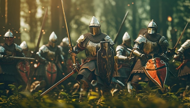 写真 中世の戦い 夜戦の戦場で鎧を着た騎士 ai 生成