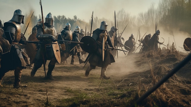 Foto scena di battaglia medievale con cavalleria e fanteria ai