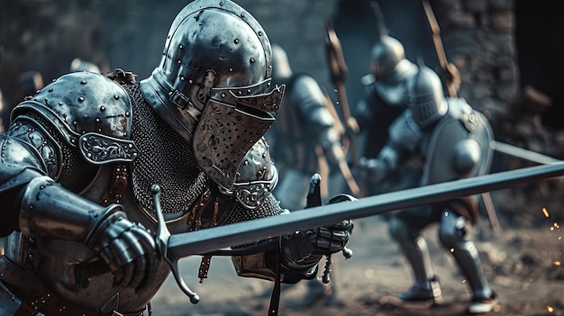 Фото Средневековая боевая сцена с двумя рыцарями в доспехах