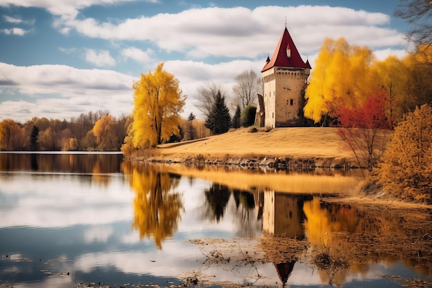 Medieval Castle Amidst Autumn Trees Reflecting on Calm Lake