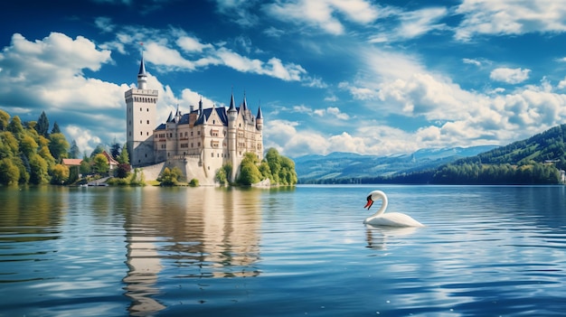 Photo medieval castle bojnice over lake with swan