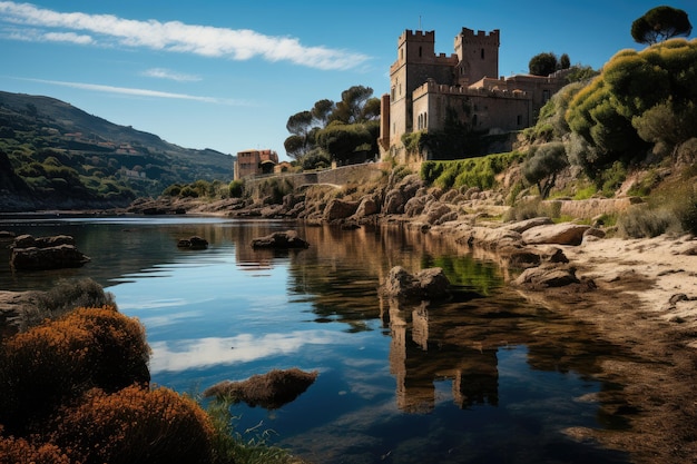 Medieval Castle by the lake in Sicily generative IA