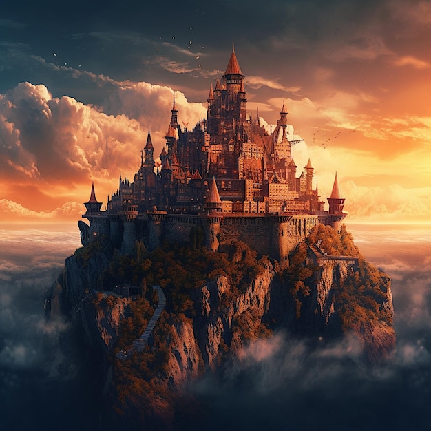 Medieval castle on floating island in sky