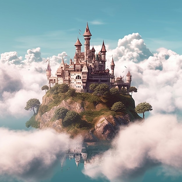 Средневековый замок на плавучем острове в небе