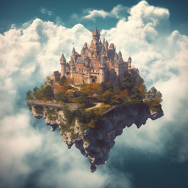 Medieval castle on floating island in sky