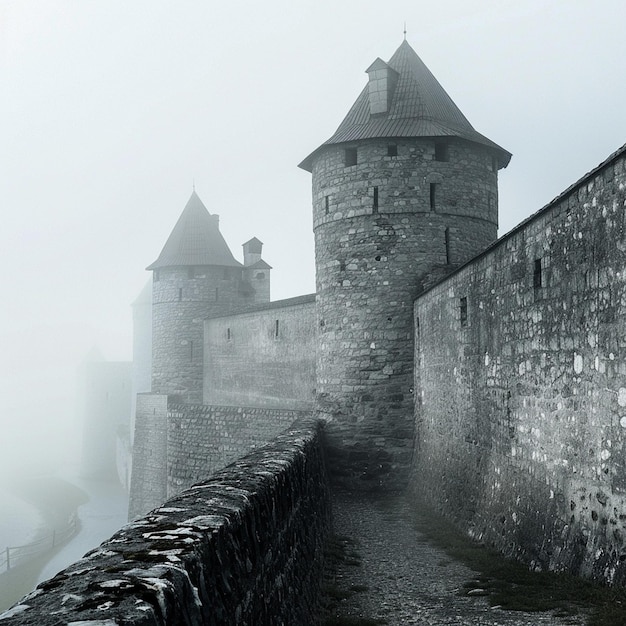霧の中世の城 塔のある大気的な石の壁