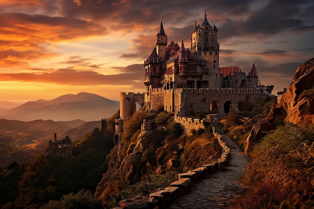 Medieval Castle on a Hill at Sunset