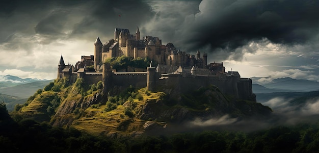 Photo medieval castle on hill with dark clouds in the style of afarin sajedi