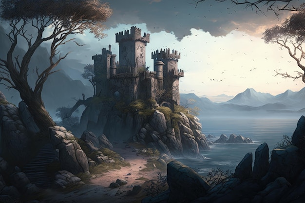 Medieval castle illustration on a hill fantasy concept anime style Generative AI