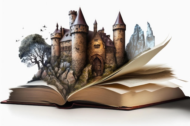 Medieval castle illustration sticking out of the book white background Generative AI