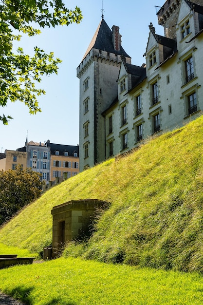 ポー フランスの緑の草原のある丘の上にある中世の城