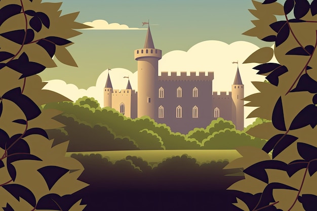 Фото Средневековый замок, выглядывающий из леса деревьев генеративный ии