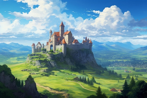 medieval castle on top of green grass plateau