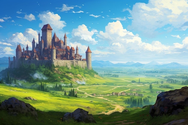 Medieval castle on top of green grass plateau