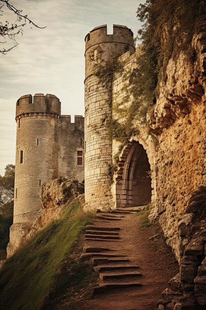 Photo medieval castle where the imposing towers and stone walls stand out