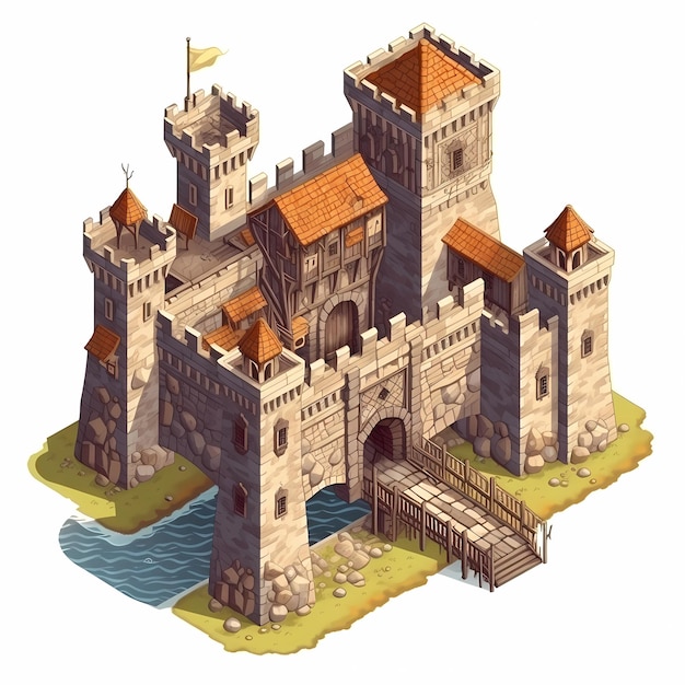 A medieval castle with fortified walls digital art illustration