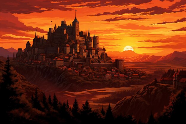 Medieval castle with turrets and battlements under an orange sunset