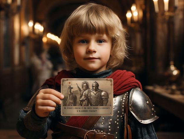 Photo a medieval child knight holding a busine business card with creative photoshoot design