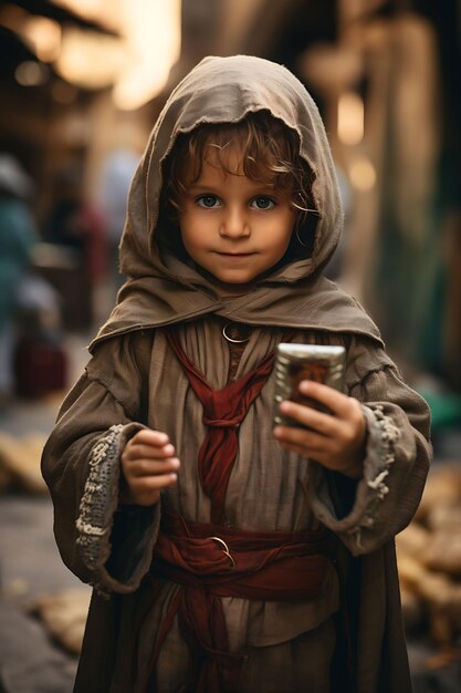 A Medieval Child Playing Holding a Busin Business Card With Creative Photoshoot Design